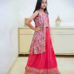 Best lehenga for kids in Jaipur for wedding, tomato color with Jaipuri embroidery