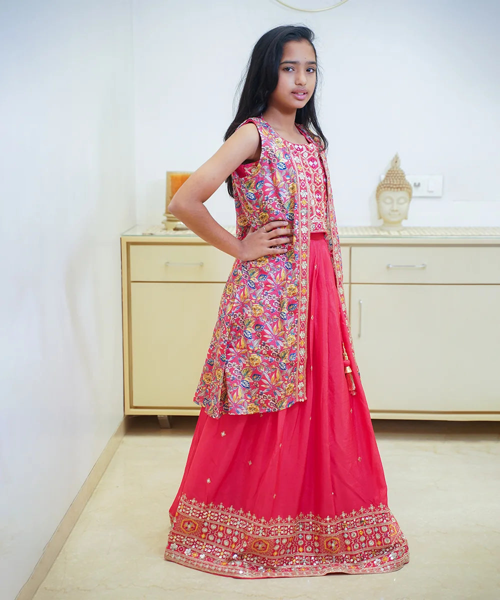 Best lehenga for kids in Jaipur for wedding, tomato color with Jaipuri embroidery