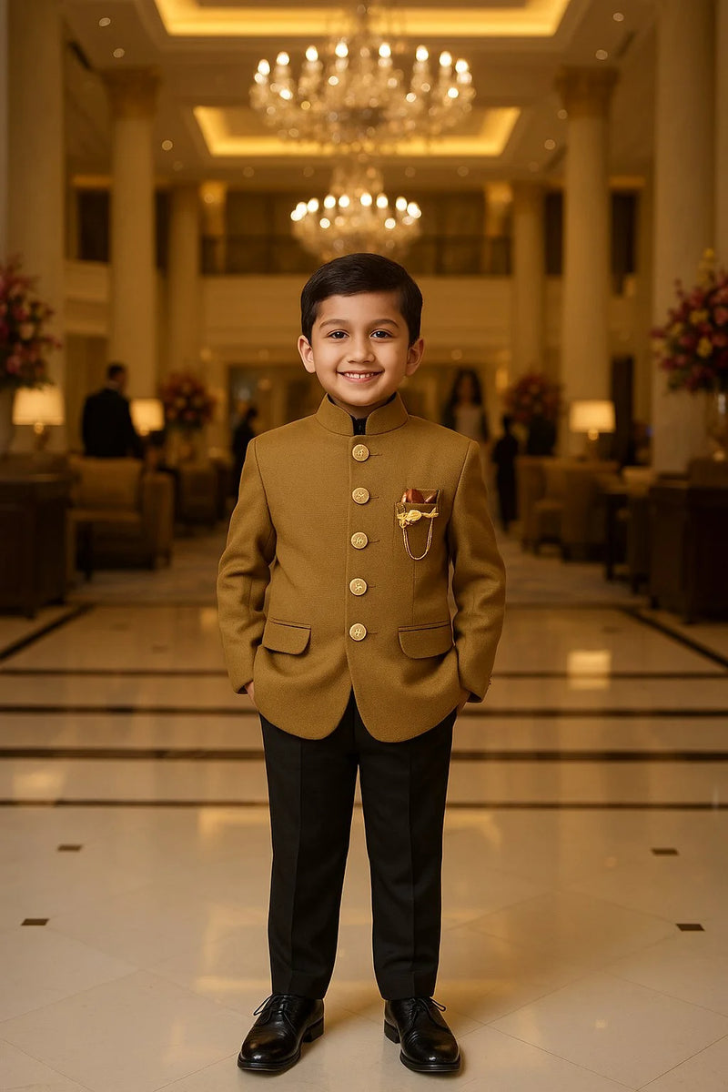 Young boy in formal attire standing in a luxurious interior setting with chandeliers and decor.