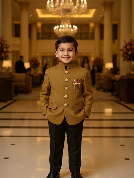 Young boy in formal attire standing in a luxurious interior setting with chandeliers and decor.