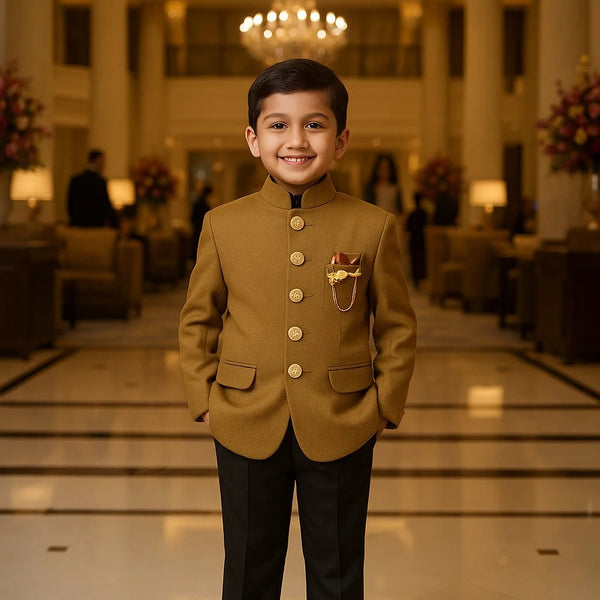 Young boy in formal attire standing in a luxurious interior setting with chandeliers and decor.