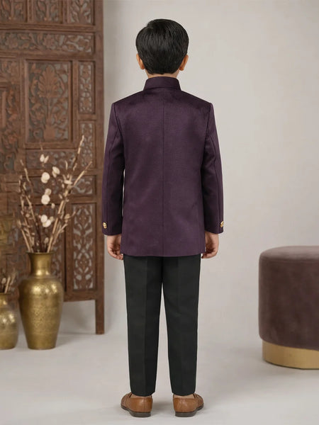Person wearing a purple traditional outfit standing in a room with decorative elements.