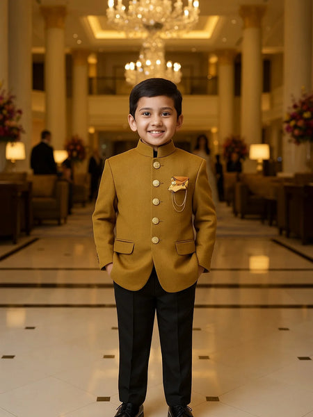 Young boy in a formal outfit standing in an elegant hallway with chandeliers and floral arrangements.