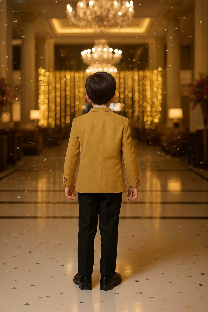 Person wearing a mustard yellow blazer in an elegant indoor setting with chandeliers.