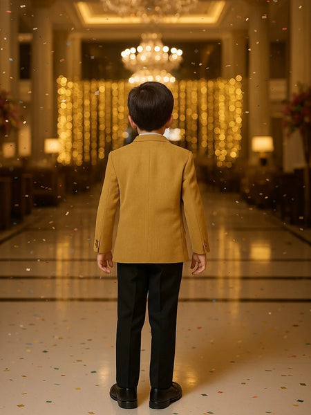 Person wearing a mustard yellow blazer in an elegant indoor setting with chandeliers.
