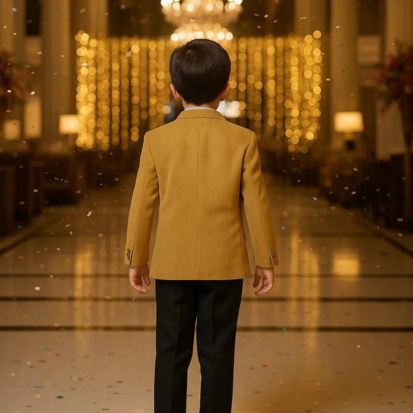 Person wearing a mustard yellow blazer in an elegant indoor setting with chandeliers.