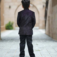 back view of black shimmer jodhpuri suit set for boys