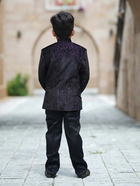 back view of black shimmer jodhpuri suit set for boys