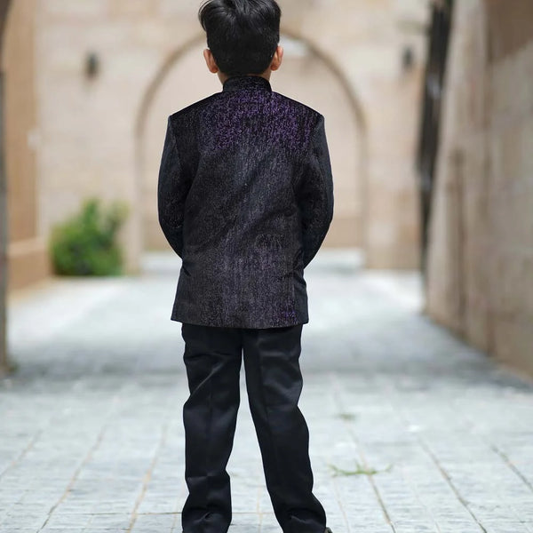 back view of black shimmer jodhpuri suit set for boys