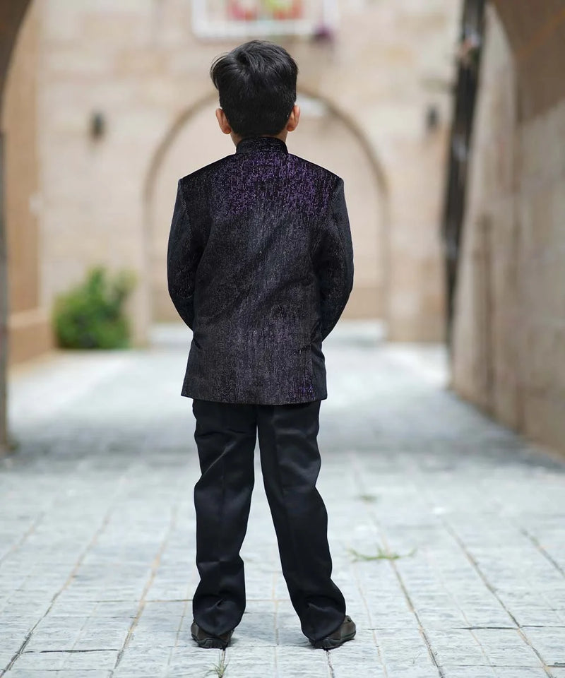 back view of black shimmer jodhpuri suit set for boys