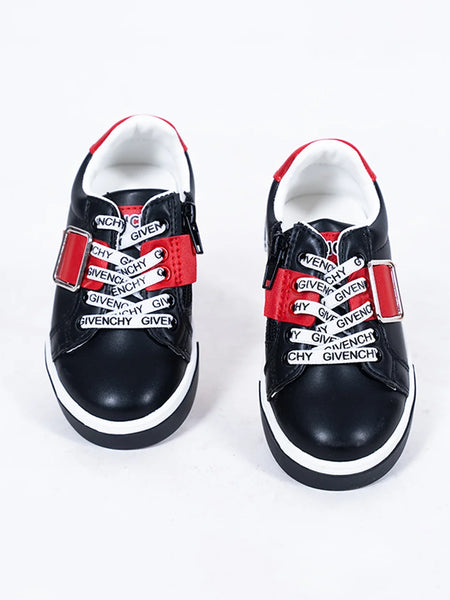 Kids' trendy black sneakers with bold red strap, branded laces, and white sole, Jaipur