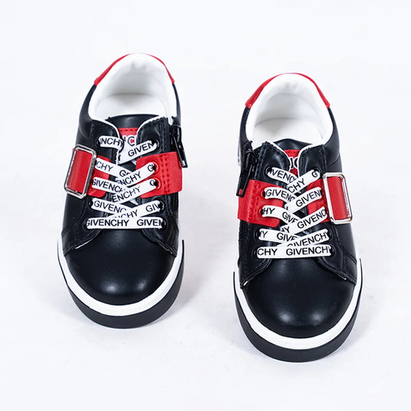Kids' trendy black sneakers with bold red strap, branded laces, and white sole, Jaipur