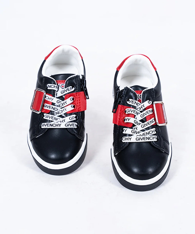 Kids' trendy black sneakers with bold red strap, branded laces, and white sole, Jaipur