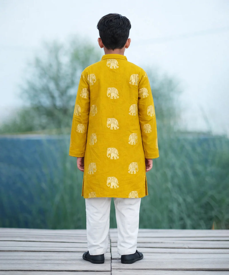 Child wearing a yellow kurta with elephant patterns and white pants, standing on a wooden platform with a blurred natural background.