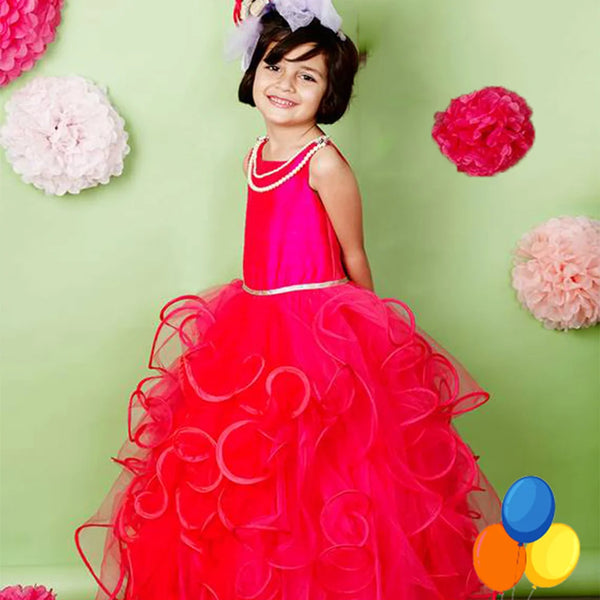  It’s a pink and red Colored party gown that comes with a back zip closure. It features lace and pearl detailing. Moreover, it also has a fabric belt to be tied at the back.