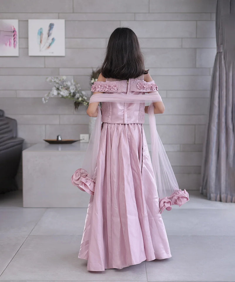 back view of onion pink lehenga set for girls 