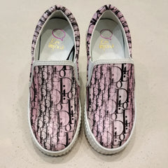 Pink girls' slip-on sneakers with monogram graphic print, Jaipur, ages 1–8 years