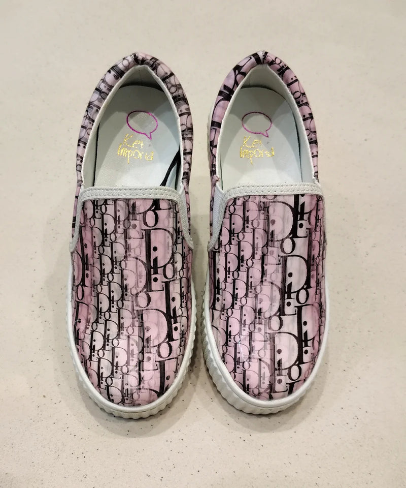Pink girls' slip-on sneakers with monogram graphic print, Jaipur, ages 1–8 years