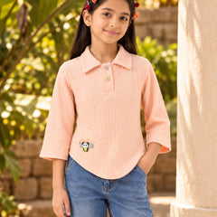 Girls' peach full sleeve shirt style crop top, front view, by Devils N Angels Jaipur