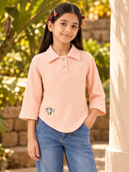 Girls' peach full sleeve shirt style crop top, front view, by Devils N Angels Jaipur