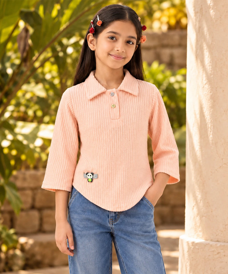 Girls' peach full sleeve shirt style crop top, front view, by Devils N Angels Jaipur