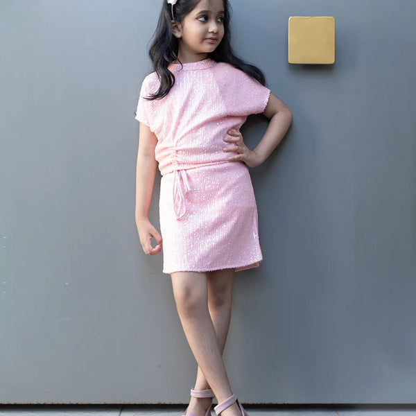 Peach Colored Sequin Skirt Set for Party for Girls