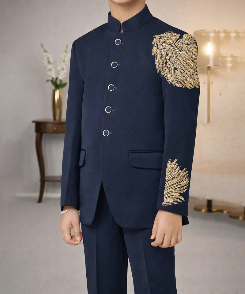 Navy suit with gold embroidery in a room setting