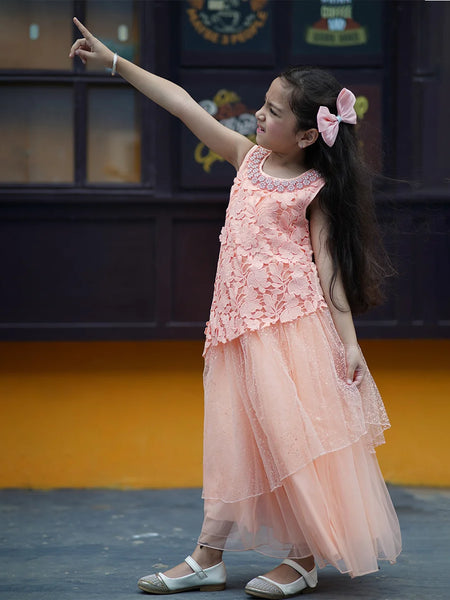 Peach Colored Laced Party Gown for Girls