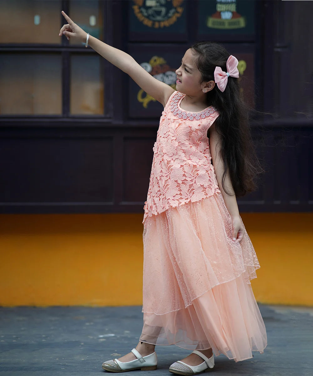 Peach Colored Laced Party Gown for Girls