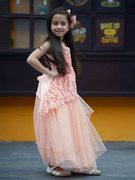 Peach Colored Laced Party Gown for Girls