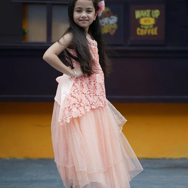 Peach Colored Laced Party Gown for Girls