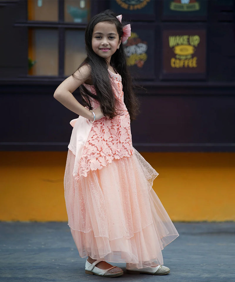 Peach Colored Laced Party Gown for Girls