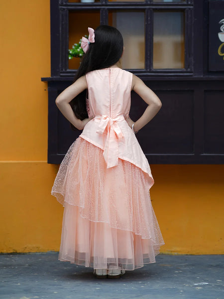 Peach Colored Laced Party Gown with stone and pearl work detailing on neck for Girls