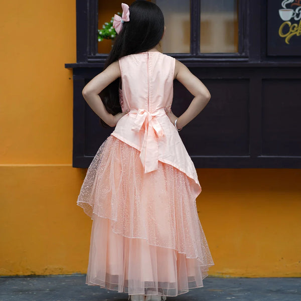 Peach Colored Laced Party Gown with stone and pearl work detailing on neck for Girls