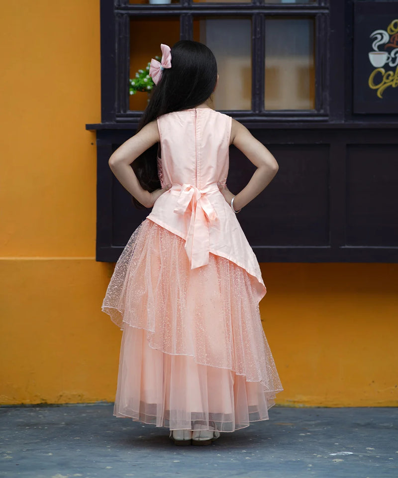 Peach Colored Laced Party Gown with stone and pearl work detailing on neck for Girls