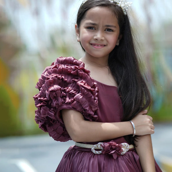 wine fancy ball gown with one puffed sleeve for girls 