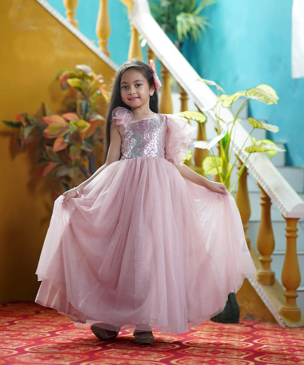 Onion Pink Shimmer Net Party Gown for Girls