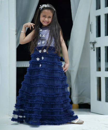 Navy Color Frill Party Wear Gown for Birthday Girl