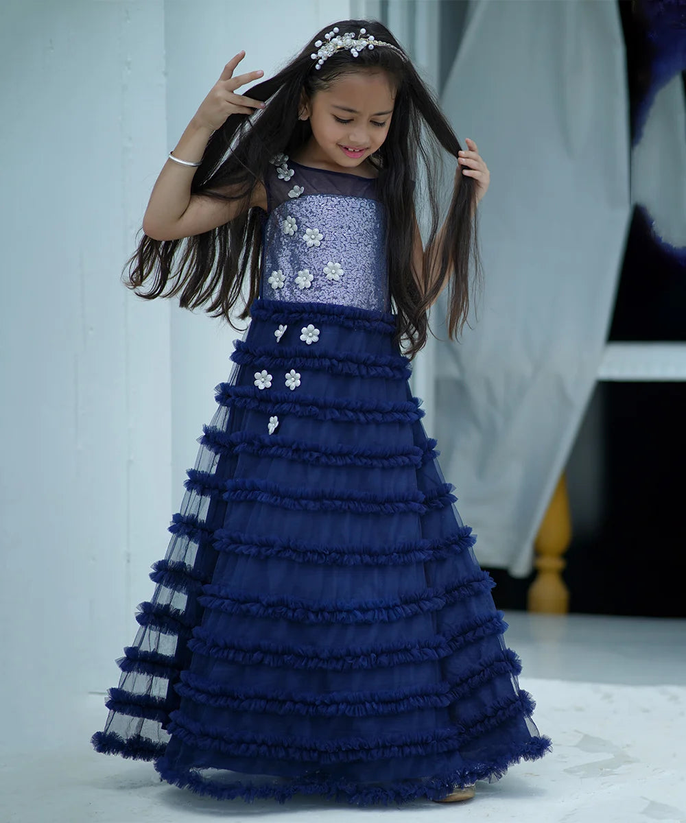 Navy Color Frilly Party Wear Gown with some floral detailing for Birthday Girl