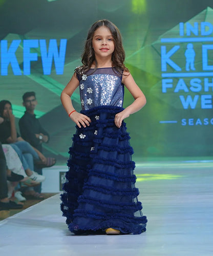 Navy Color Frill Party Wear Gown for Birthday Girl