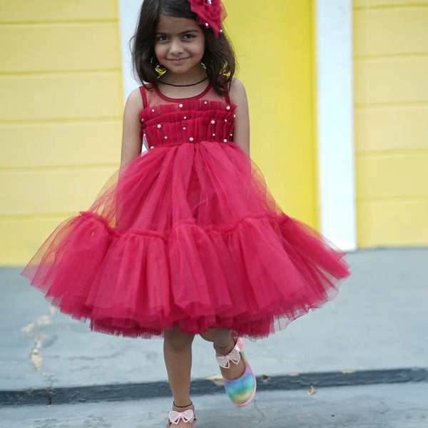 red fancy frock with hair accessories for girls 