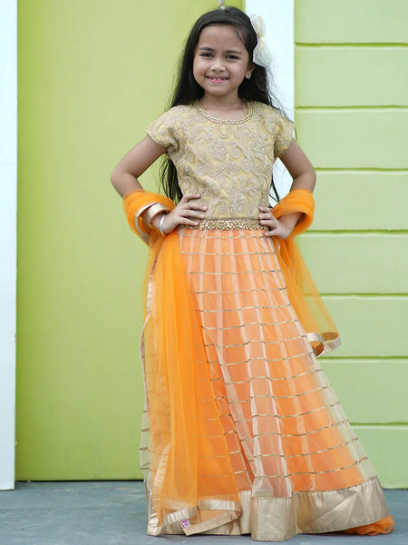 This orange Colored lehenga consist of a floor length tunic, skirt and a dupatta and comes with a back zip closure.