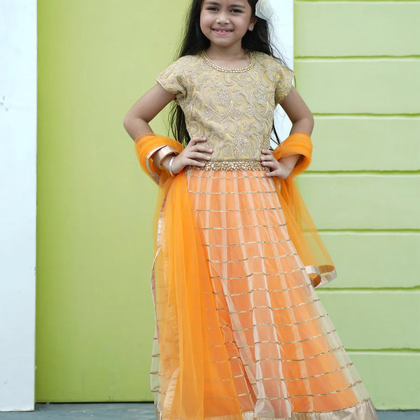 This orange Colored lehenga consist of a floor length tunic, skirt and a dupatta and comes with a back zip closure.