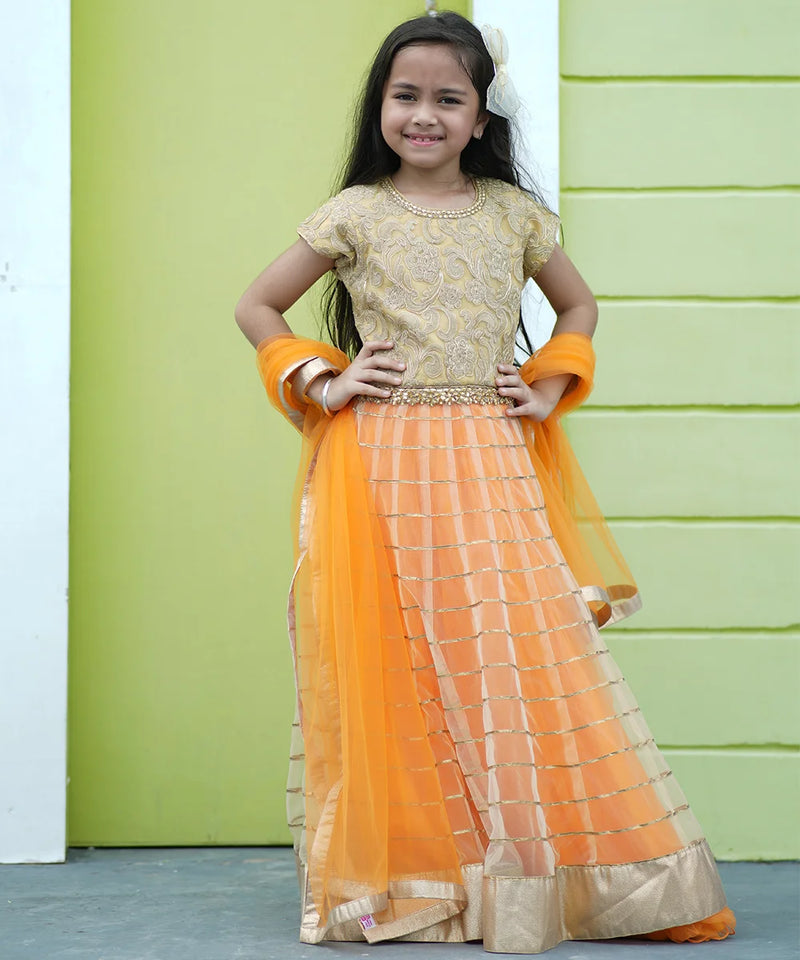 This orange Colored lehenga consist of a floor length tunic, skirt and a dupatta and comes with a back zip closure.