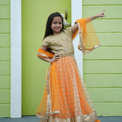 Girls Beige & Orange Lehenga Gown with Dupatta – Party Wear Jaipur