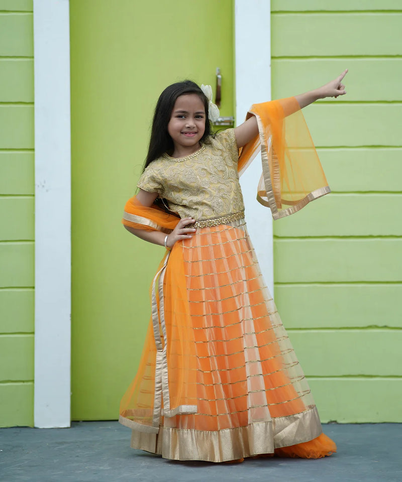 Girls Beige & Orange Lehenga Gown with Dupatta – Party Wear Jaipur