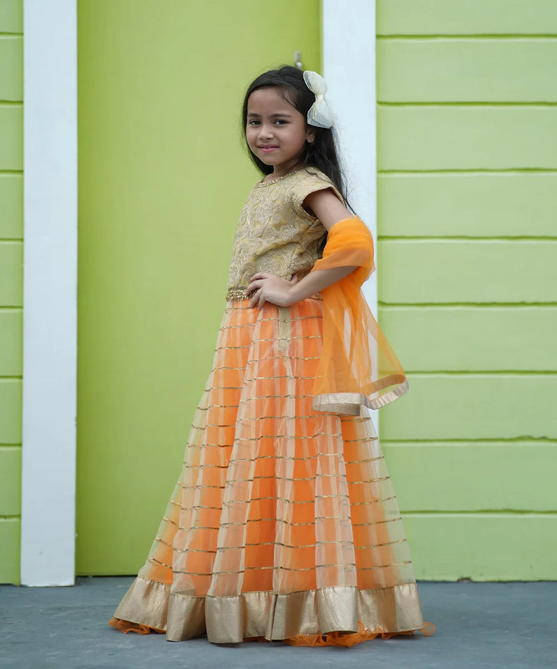 Girls Beige & Orange Lehenga Gown with Dupatta – Party Wear Jaipur