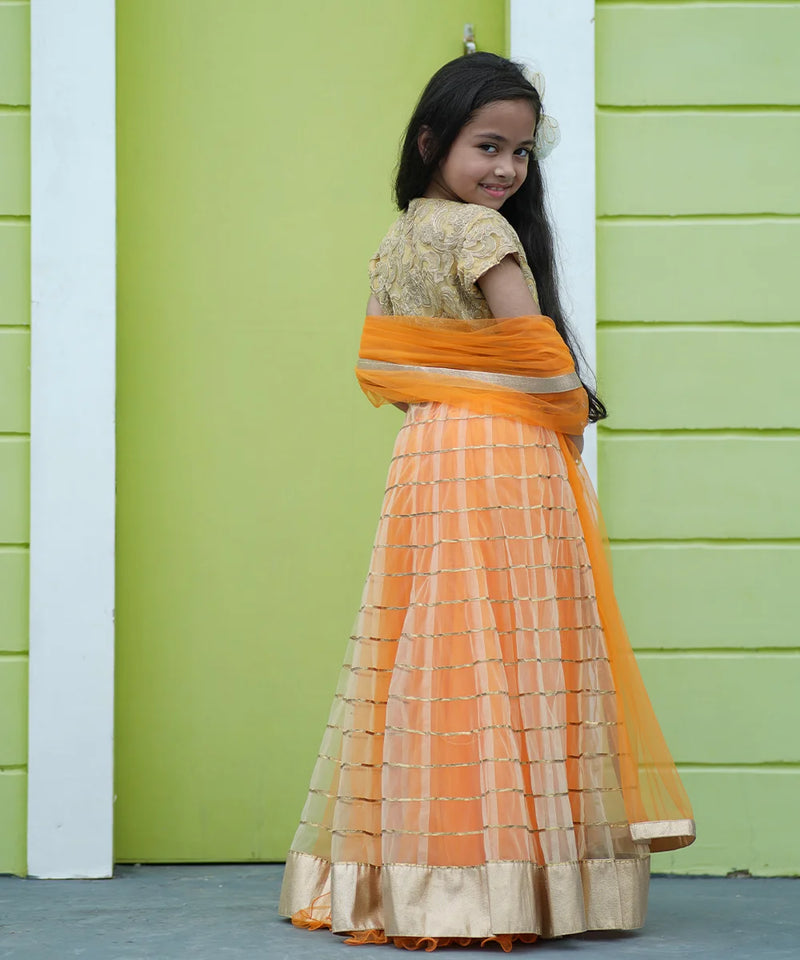 Girls Beige & Orange Lehenga Gown with Dupatta – Party Wear Jaipur
