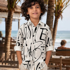 Boys White & Black Printed Shirt