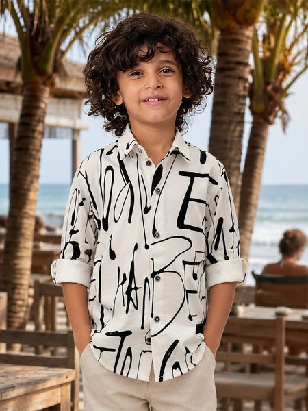 Boys White & Black Printed Shirt
